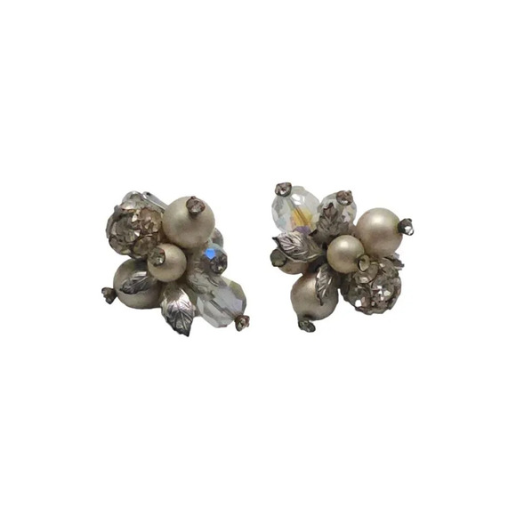 Vendome Faux Pearl Clear Rhinestone Cluster Leaf Stud Earrings Silver Tone Vinta - Picture 7 of 8